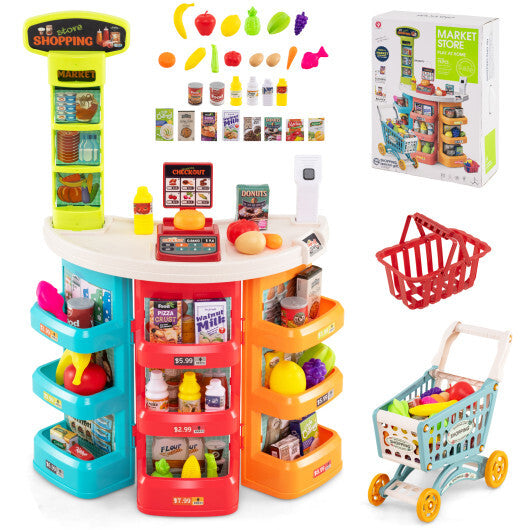 Supermarket Playset for Kids 76 PCS Pretend Play Grocery Store Set with Shopping Cart-Pink W2B