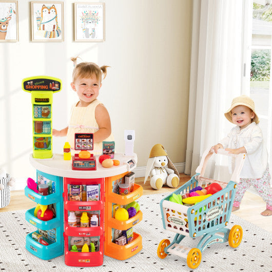 Supermarket Playset for Kids 76 PCS Pretend Play Grocery Store Set with Shopping Cart-Pink W2B