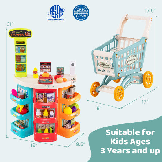 Supermarket Playset for Kids 76 PCS Pretend Play Grocery Store Set with Shopping Cart-Pink W2B
