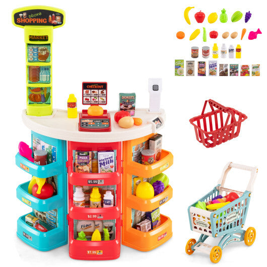 Supermarket Playset for Kids 76 PCS Pretend Play Grocery Store Set with Shopping Cart-Pink W2B