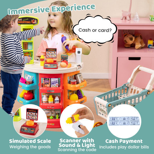 Supermarket Playset for Kids 76 PCS Pretend Play Grocery Store Set with Shopping Cart-Pink W2B