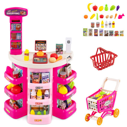 Supermarket Playset for Kids 76 PCS Pretend Play Grocery Store Set with Shopping Cart-Pink W2B
