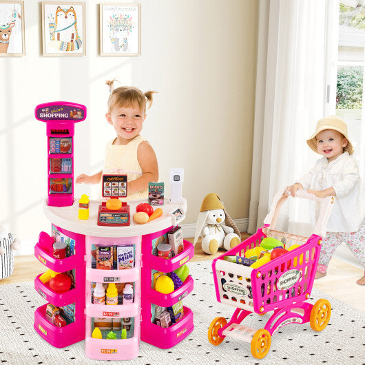 Supermarket Playset for Kids 76 PCS Pretend Play Grocery Store Set with Shopping Cart-Pink W2B