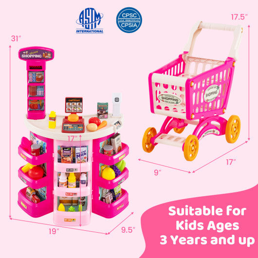 Supermarket Playset for Kids 76 PCS Pretend Play Grocery Store Set with Shopping Cart-Pink W2B