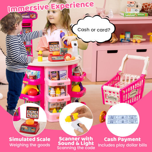 Supermarket Playset for Kids 76 PCS Pretend Play Grocery Store Set with Shopping Cart-Pink W2B