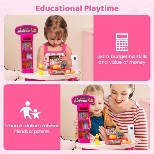 Supermarket Playset for Kids 76 PCS Pretend Play Grocery Store Set with Shopping Cart-Pink W2B