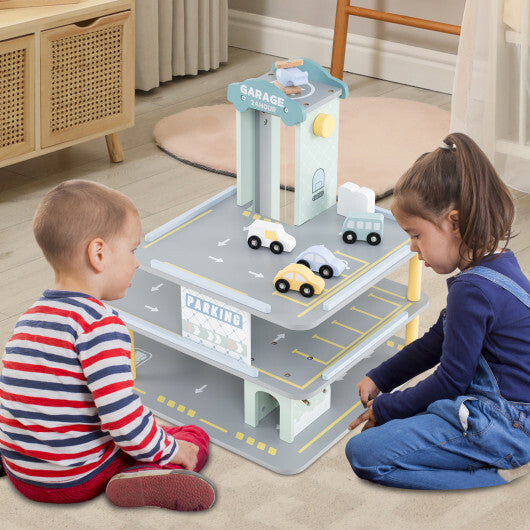 Parking Garage Playset with 4 Cars and Helicopter-Gray W2B