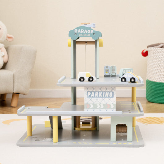 Parking Garage Playset with 4 Cars and Helicopter-Gray W2B
