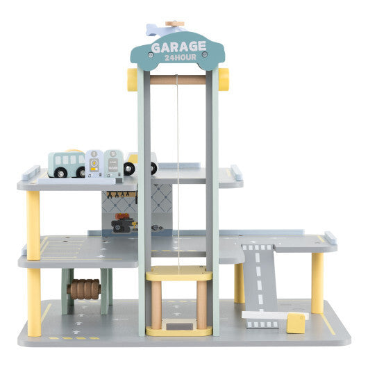 Parking Garage Playset with 4 Cars and Helicopter-Gray W2B