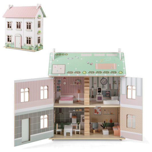 Kids Wooden Dollhouse 3 Level with Double-Sided Roofs and Doors-Pink W2B