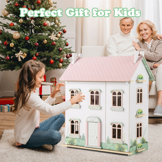 Kids Wooden Dollhouse 3 Level with Double-Sided Roofs and Doors-Pink W2B