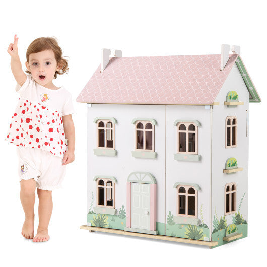 Kids Wooden Dollhouse 3 Level with Double-Sided Roofs and Doors-Pink W2B
