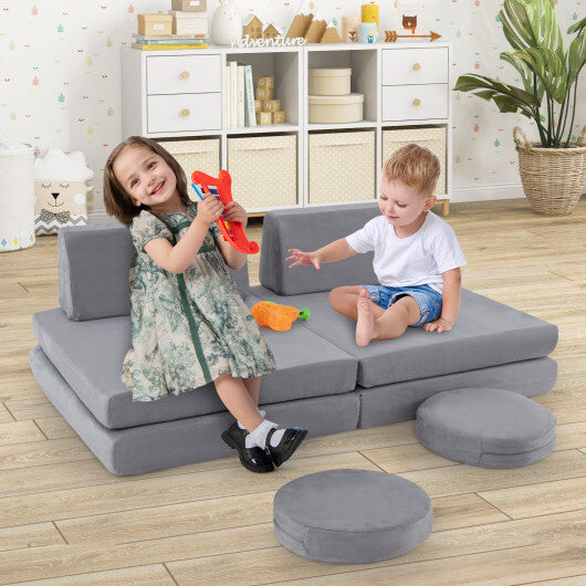 6 Pieces Modular Kids Play Couch Set with Washable Covers for Living Room Playroom-Gray