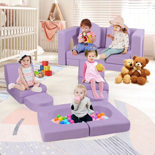 8-Piece Modular Kids Play Couch with Comfy Suede Fabric-Gray