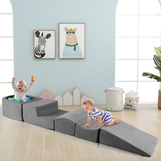 5-Piece Climb and Crawl Playset with Ball Pit for Kids-Gray W2B