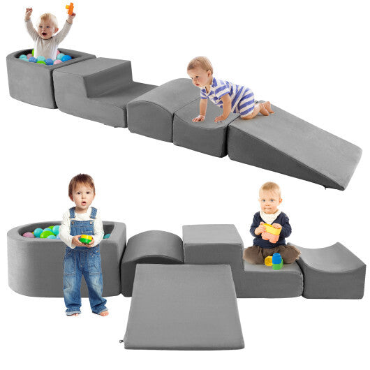 5-Piece Climb and Crawl Playset with Ball Pit for Kids-Gray W2B