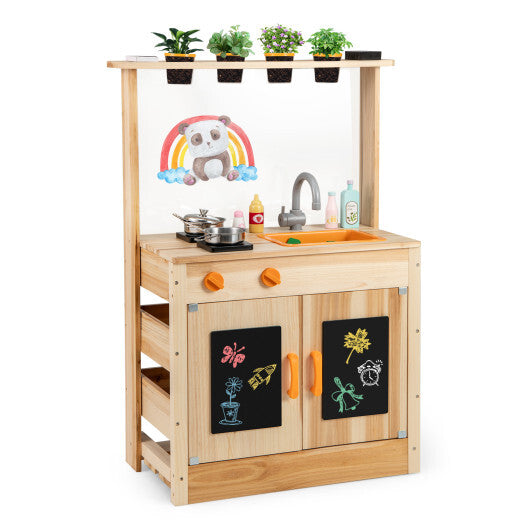 Kids Mud Kitchen Fir Wood Playset with Planting Pots and Blackboards-Natural