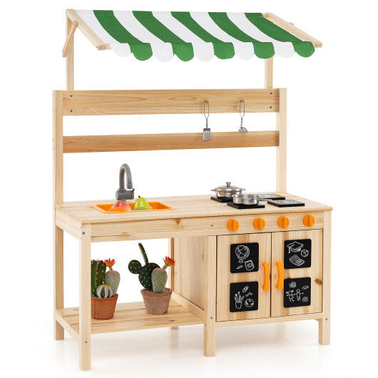 Mud Kitchen Fir Wood Play Kitchen with Canopy and Sink and 4 Stoves-Natural W2B