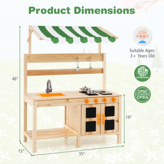 Mud Kitchen Fir Wood Play Kitchen with Canopy and Sink and 4 Stoves-Natural W2B