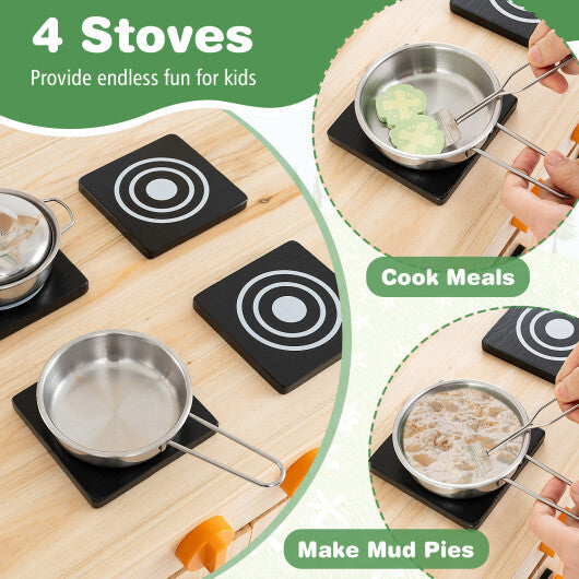 Mud Kitchen Fir Wood Play Kitchen with Canopy and Sink and 4 Stoves-Natural W2B