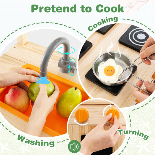 Mud Kitchen Fir Wood Play Kitchen with Canopy and Sink and 4 Stoves-Natural W2B