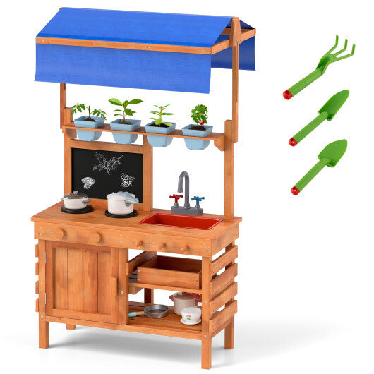 Wooden Pretend Play Kitchen with Height Adjustable Canopy for Kids-Natural - Color: Natural W2B
