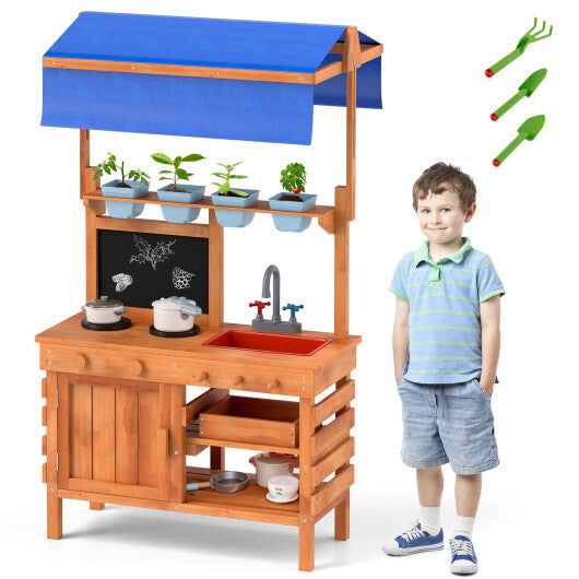 Wooden Pretend Play Kitchen with Height Adjustable Canopy for Kids-Natural - Color: Natural W2B