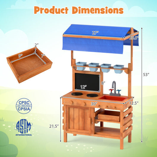 Wooden Pretend Play Kitchen with Height Adjustable Canopy for Kids-Natural - Color: Natural W2B