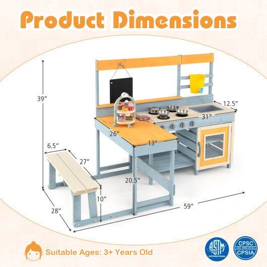 Fir Wood Play Kitchen with Kids Picnic Table and Built-in Bench-Gray