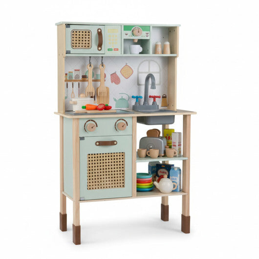 Wooden Play Kitchen for Kids with Lights and Sounds Retro Style With Accessories-Green W2B
