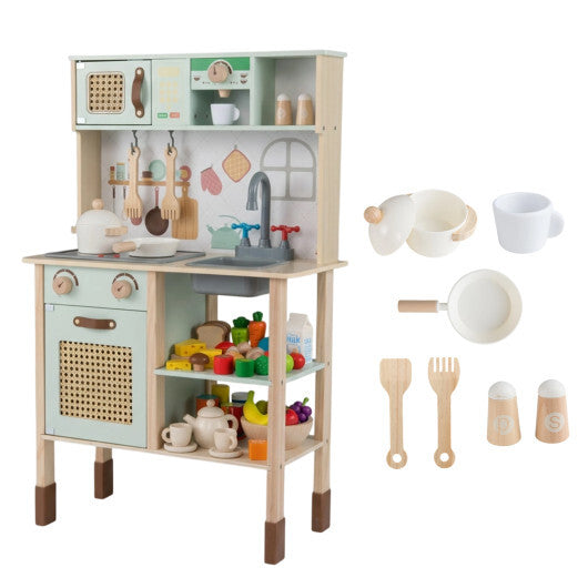 Wooden Play Kitchen for Kids with Lights and Sounds Retro Style With Accessories-Green W2B