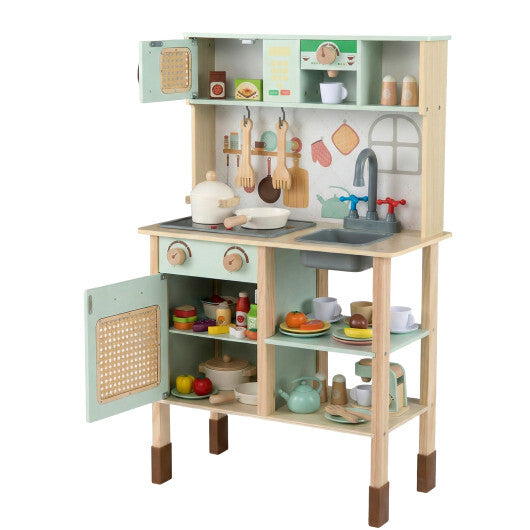 Wooden Play Kitchen for Kids with Lights and Sounds Retro Style With Accessories-Green W2B