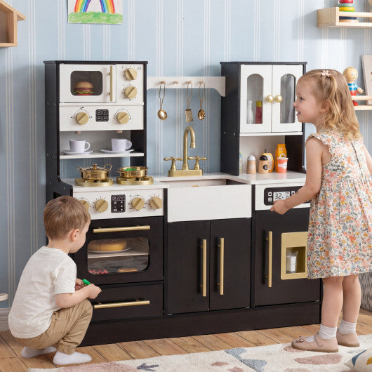 Wooden Kids Kitchen Playset with Realistic Lights and Sounds-Black W2B