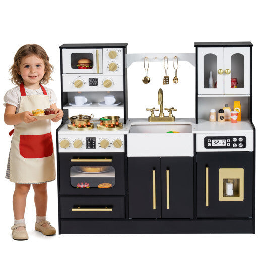 Wooden Kids Kitchen Playset with Realistic Lights and Sounds-Black W2B