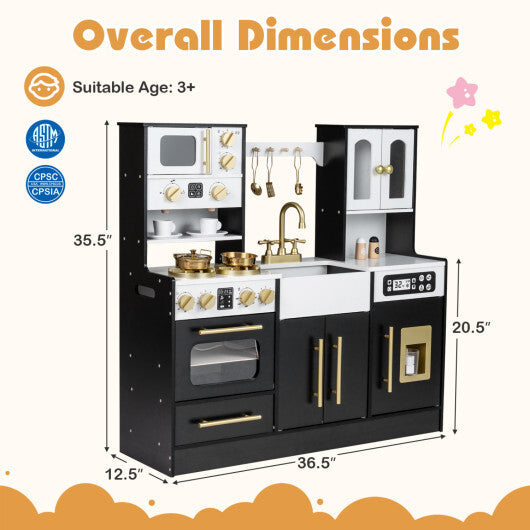 Wooden Kids Kitchen Playset with Realistic Lights and Sounds-Black W2B