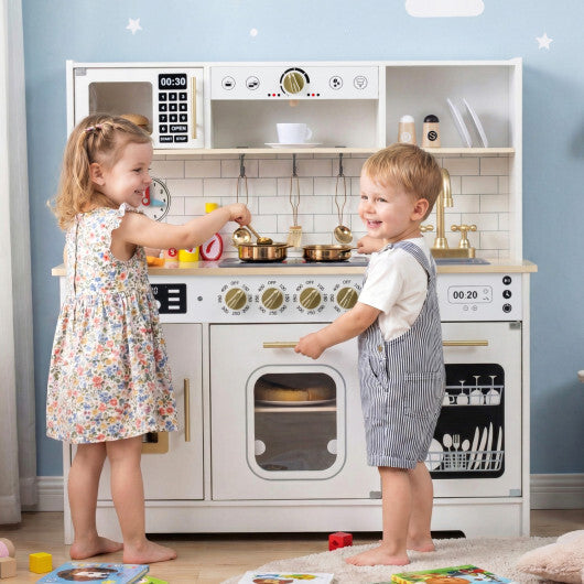 Wooden Play Kitchen for Kids with Realistic Lights and Sounds-White W2B