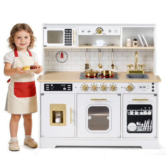 Wooden Play Kitchen for Kids with Realistic Lights and Sounds-White W2B