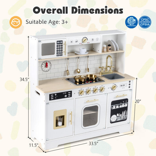 Wooden Play Kitchen for Kids with Realistic Lights and Sounds-White W2B