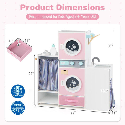 Wooden Kids Laundry Playset with Laundry Detergent Bottle and Clothes Hangers-Pink