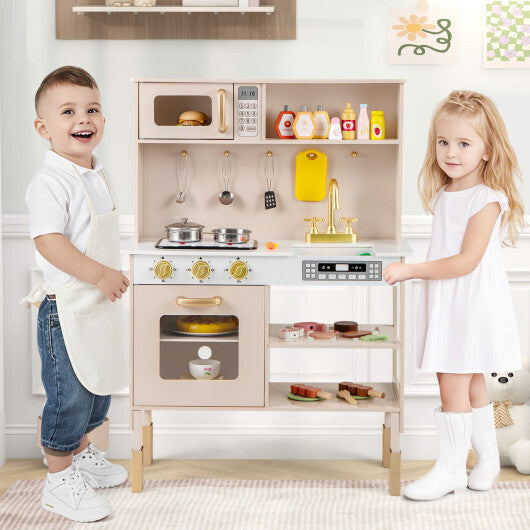 Play Kitchen Height Adjustable with Microwave and Lights and Sounds-Pink W2B