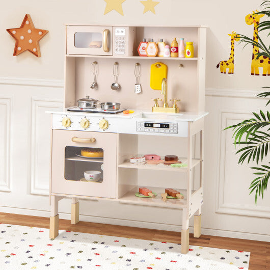 Play Kitchen Height Adjustable with Microwave and Lights and Sounds-Pink W2B