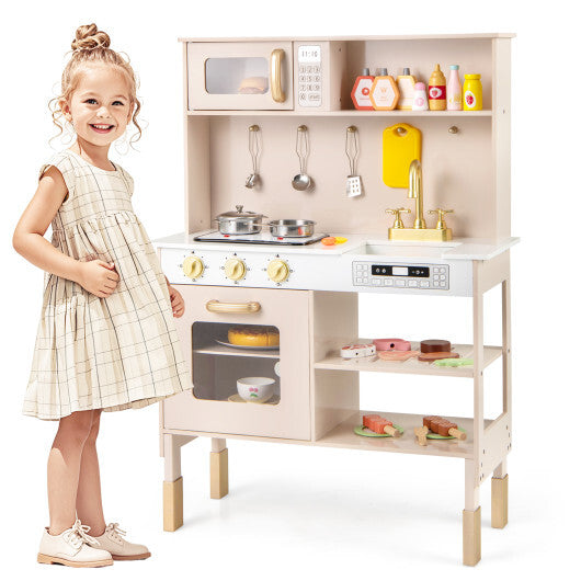 Play Kitchen Height Adjustable with Microwave and Lights and Sounds-Pink W2B
