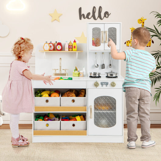 Kids Kitchen Playset with Cooking Accessories and Toy Cuttable Veggies-White W2B