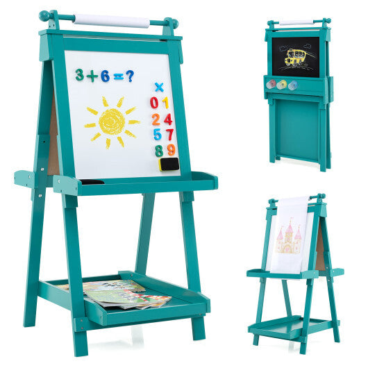 3-in-1 Double-sided Art Easel with Chalkboard and Magnetic Whiteboard-Green W2B