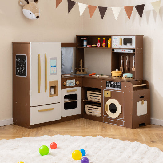 Corner Play Kitchen with Lights and Sounds for Ages 3+-Brown