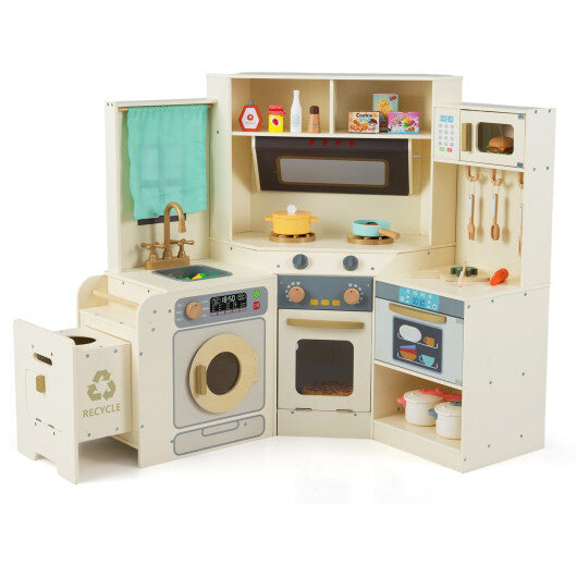 Corner Kitchen Toys with Lights and Sounds with Pull-out Trash Can and Stoves-Off White