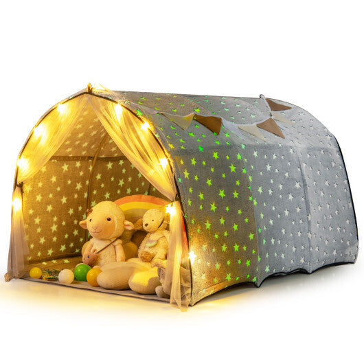 Kids Dream Bed Tent Twin Bunk Bed with Glow in the Dark Stars and Lights-Gray W2B
