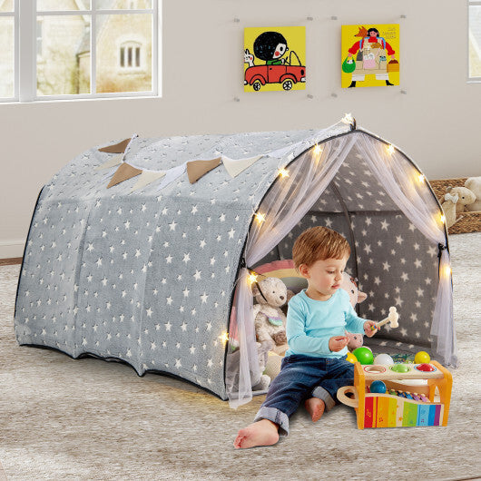 Kids Dream Bed Tent Twin Bunk Bed with Glow in the Dark Stars and Lights-Gray W2B