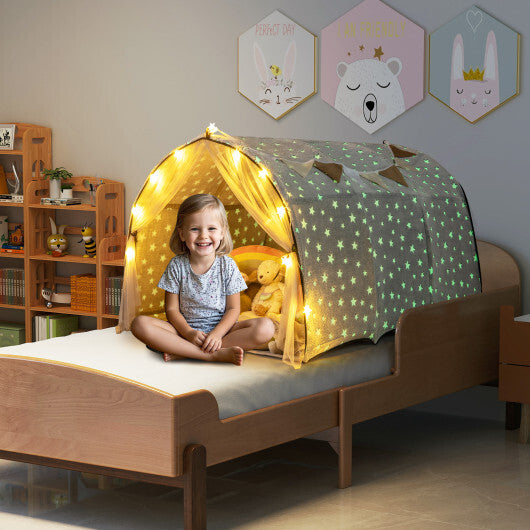 Kids Dream Bed Tent Twin Bunk Bed with Glow in the Dark Stars and Lights-Gray W2B