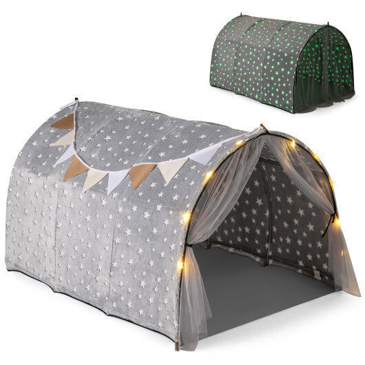 Kids Dream Bed Tent Twin Bunk Bed with Glow in the Dark Stars and Lights-Gray W2B
